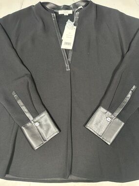 Vince Black Blouse with Leather-Trim Cuffs and Neckline